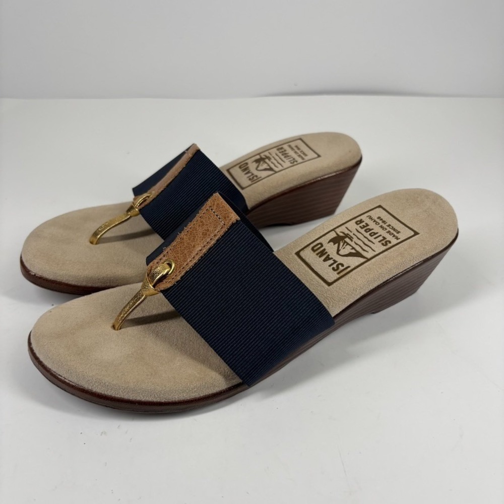 Island Slipper T810 Women's US 6 Navy Blue Elastic Thong Comfort Wedge Sandals